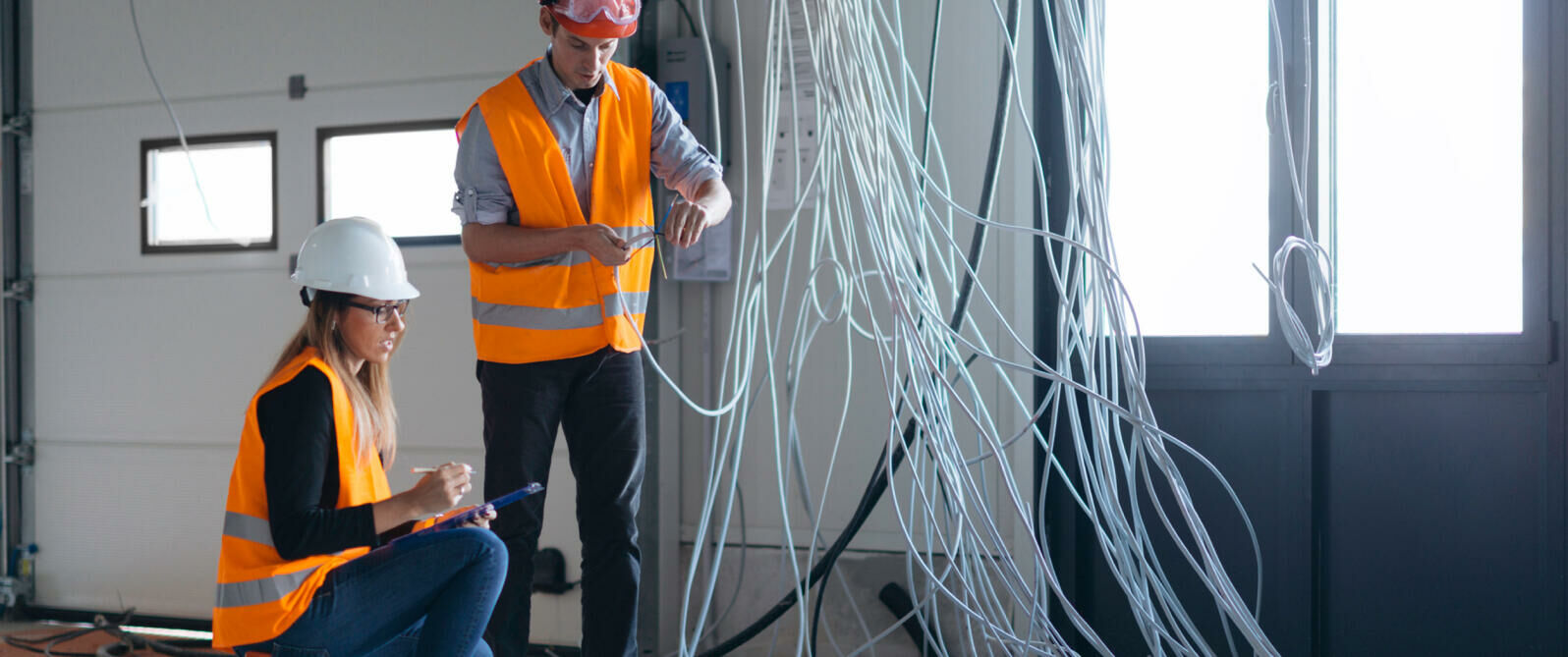 Imagem eletricistas arrumando cabos eletricos